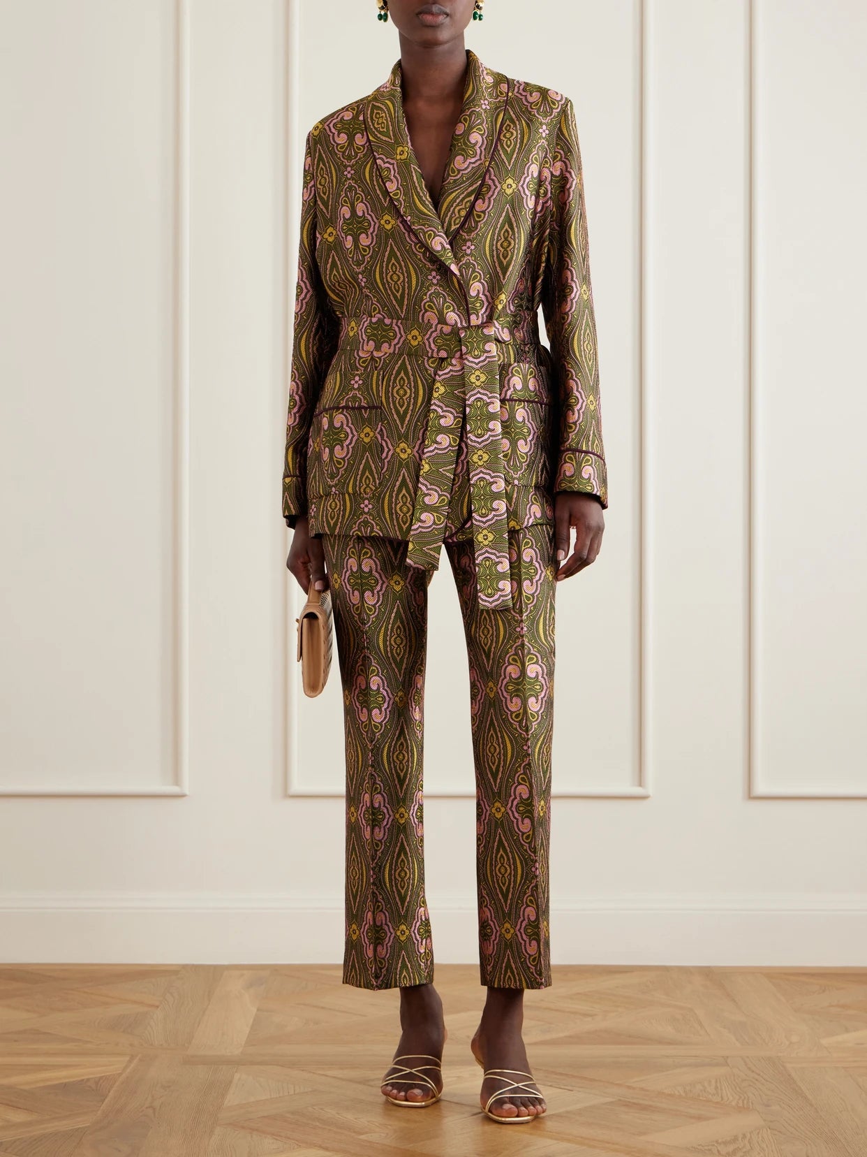 Image of a model wearing Pants. Product name - Metallic Jacquard Crepe Straight-leg Pants in Gold colour by brand - Etro