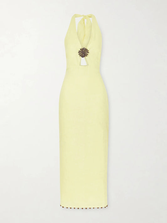 Image of Dresses. Product name - Orly Embellished Cutout Linen Maxi Dress in Yellow colour by brand - Cala de la Cruz