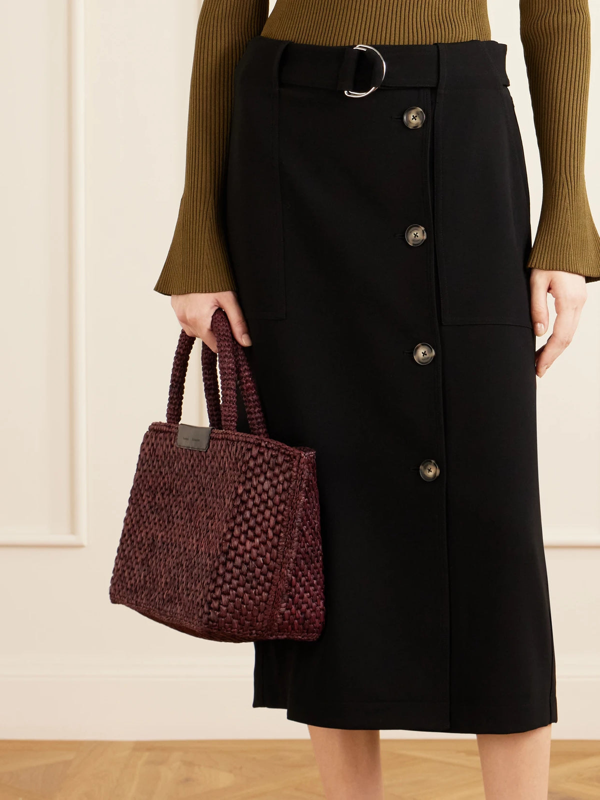 Image of Bags. Product name - East West Chelsea Leather-trimmed Raffia Tote in Plum colour by brand - Proenza Schouler