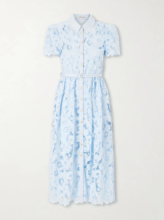 Image of Dresses. Product name - Embroidered Guipure Lace Midi Dress in Blue colour by brand - Self-Portrait