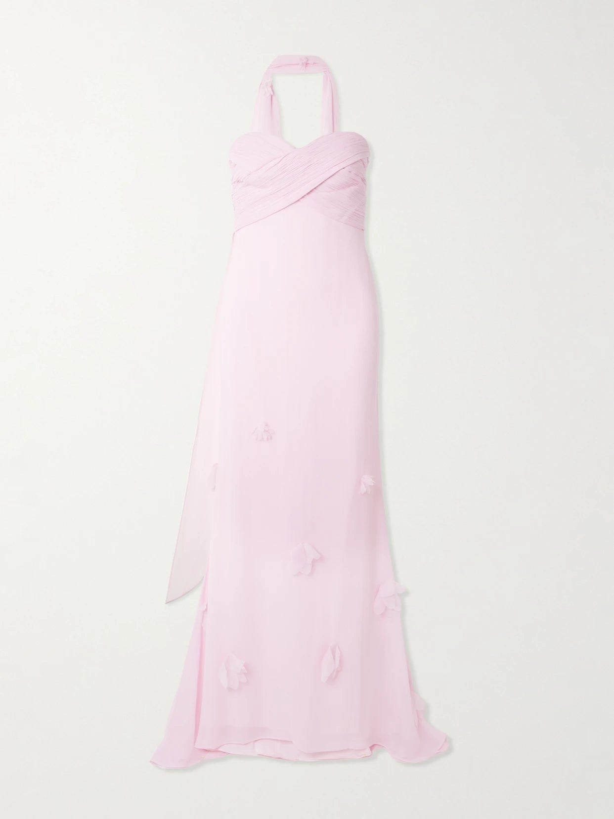 Scarf-detailed Strapless Appliquéd Georgette Gown