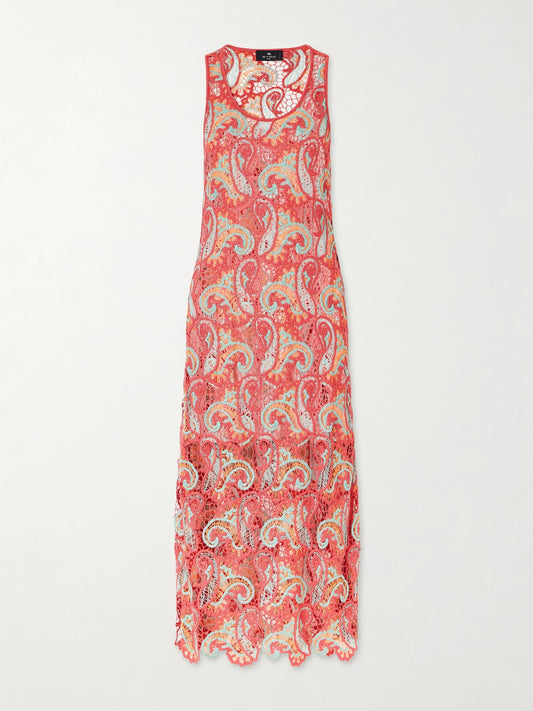 Image of Dresses. Product name - Crocheted Midi Dress in Burgundy colour by brand - Etro