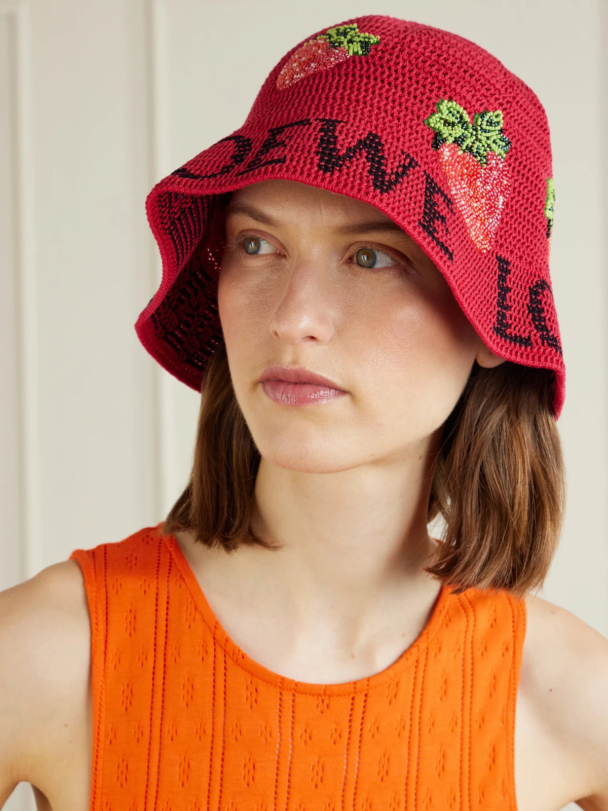 Image of Hats. Product name - + Paula's Ibiza Strawberry Embellished Cotton Bucket Hat in Red colour by brand - LOEWE