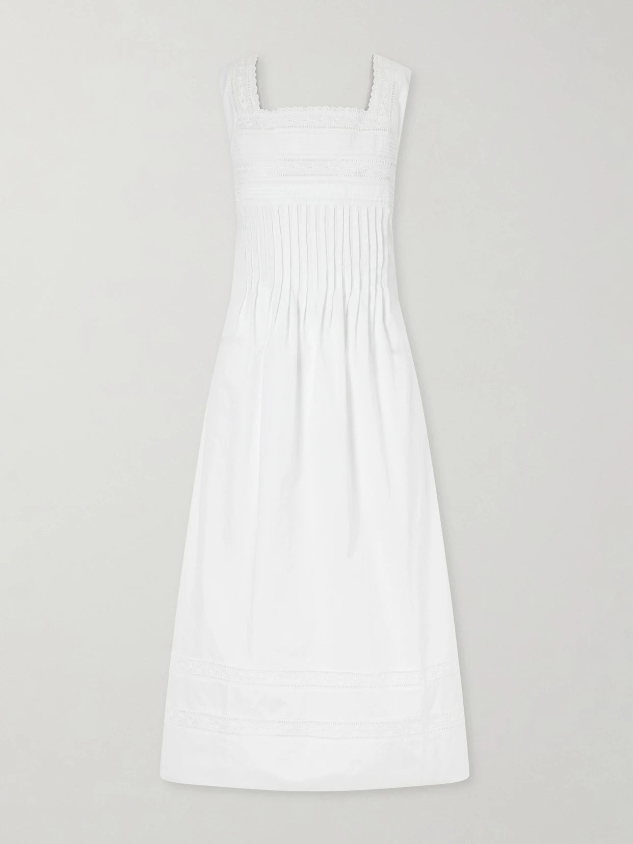 Image of Dresses. Product name - Lalla Ruched Broderie Anglaise-trimmed Cotton-poplin Maxi Dress in White colour by brand - Loretta Caponi