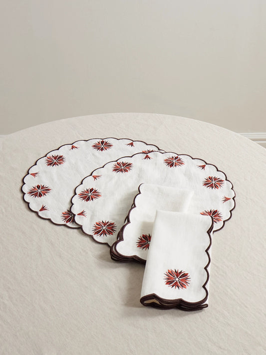 Set Of Two Botanica Embroidered Linen And Cotton-blend Placemats And Napkins