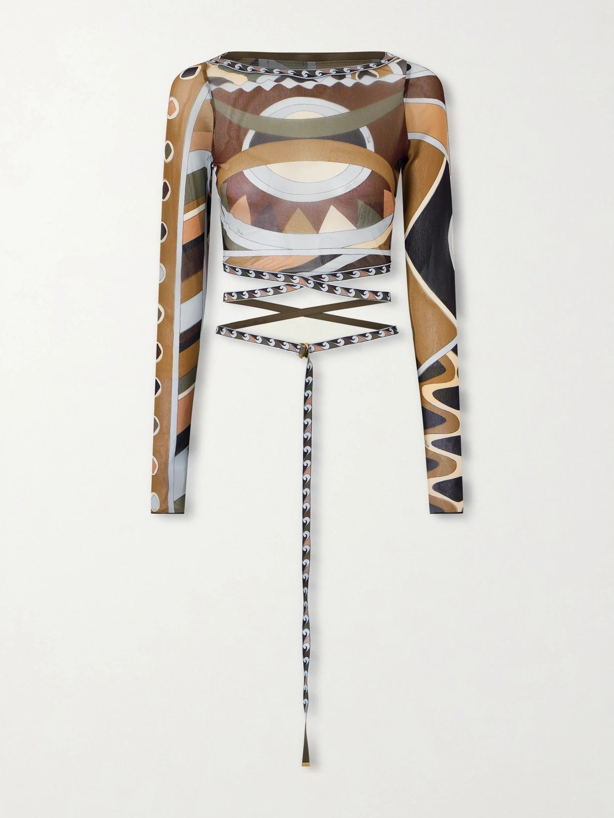 Image of a model wearing Tops. Product name - Cropped Printed Tulle Top in Army green colour by brand - PUCCI