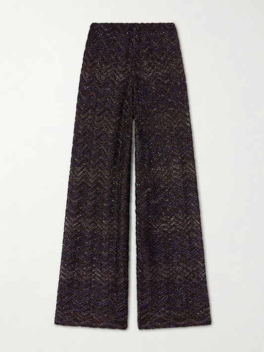 Image of a model wearing Pants. Product name - Sequin-embellished Crochet-knit Wide-leg Pants in Brown colour by brand - Missoni