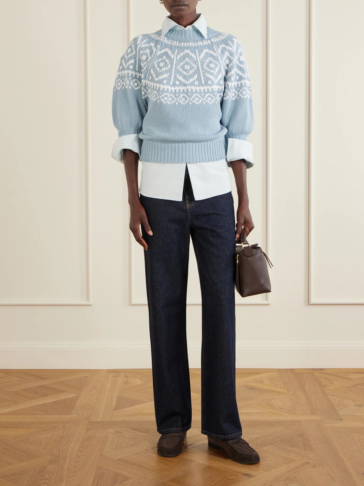 Image of a model wearing Outerwear. Product name - Howard Cotton-blend Knitted Sweater in Light blue colour by brand - Altuzarra