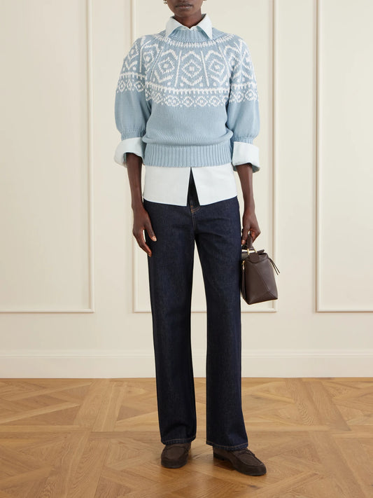 Image of a model wearing Outerwear. Product name - Howard Cotton-blend Knitted Sweater in Light blue colour by brand - Altuzarra
