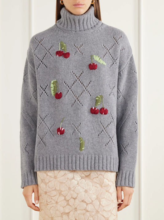 BERNADETTE Sharon Embroidered Pointelle-knit Wool Turtleneck Sweater
