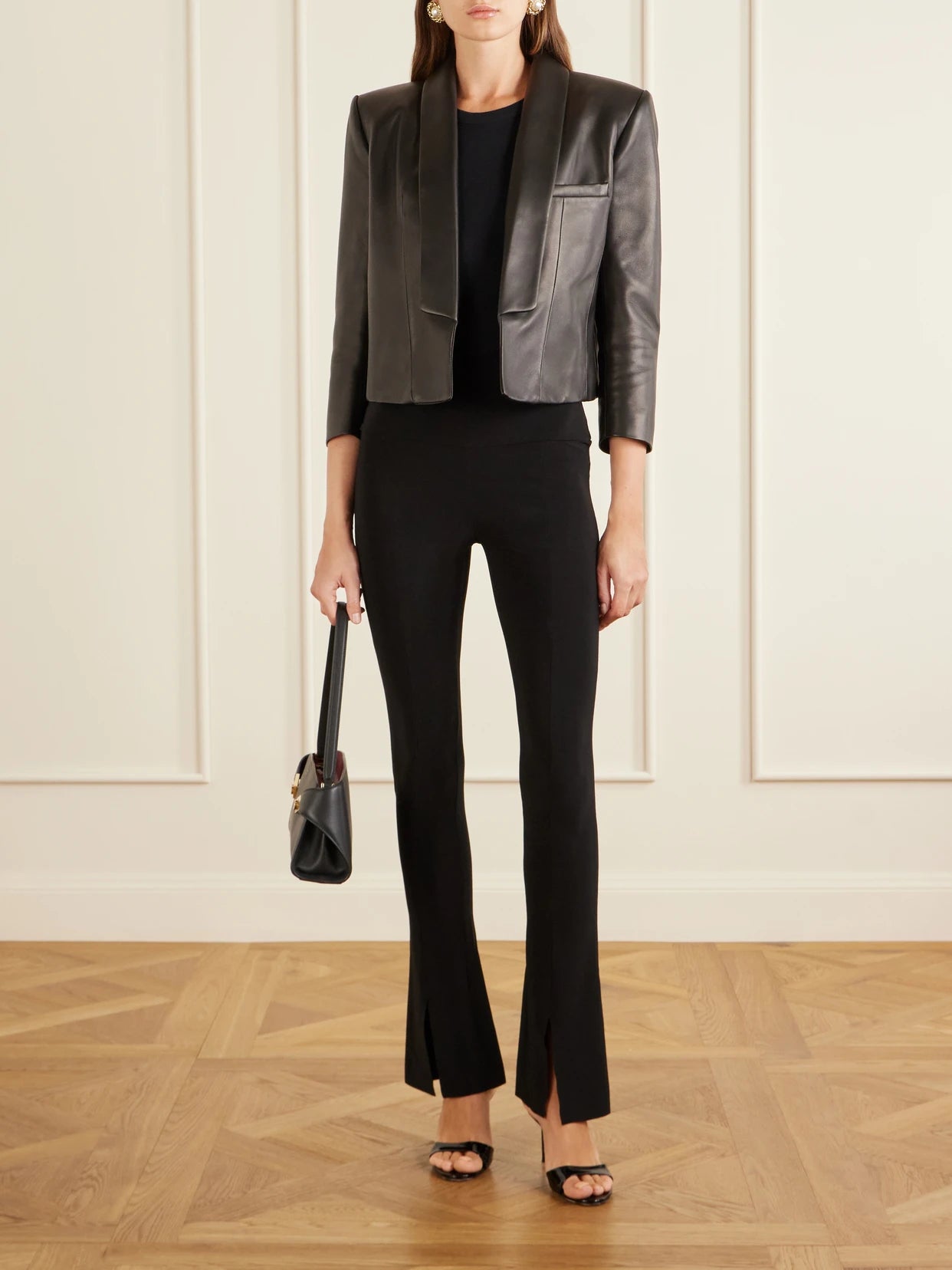 Image of Coats & Jackets. Product name - Cropped Leather Biker Jacket in Black colour by brand - Balmain