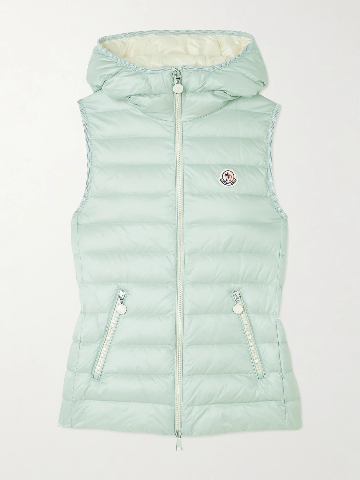 Image of Coats & Jackets. Product name - Glygosse Hooded Quilted Shell Down Vest in Sage green colour by brand - Moncler