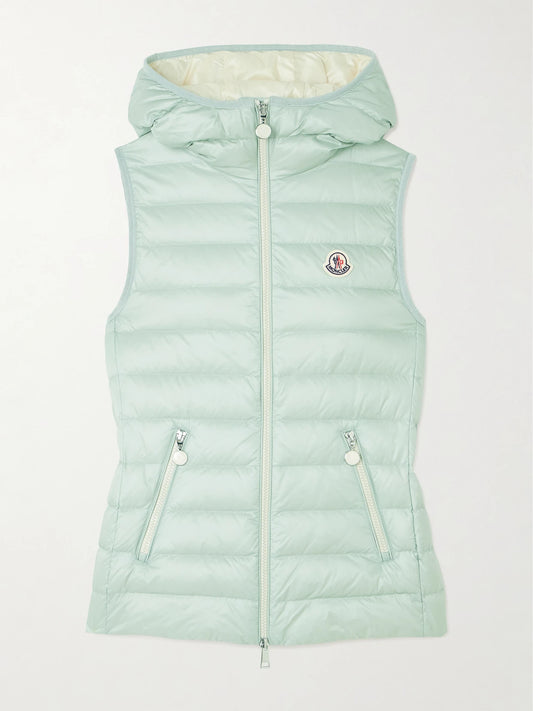 Image of Coats & Jackets. Product name - Glygosse Hooded Quilted Shell Down Vest in Sage green colour by brand - Moncler