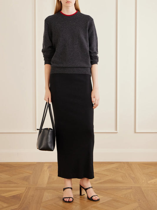 Image of a model wearing Outerwear. Product name - Otis Ribbed Cashmere Sweater in Charcoal colour by brand - Loulou de Saison