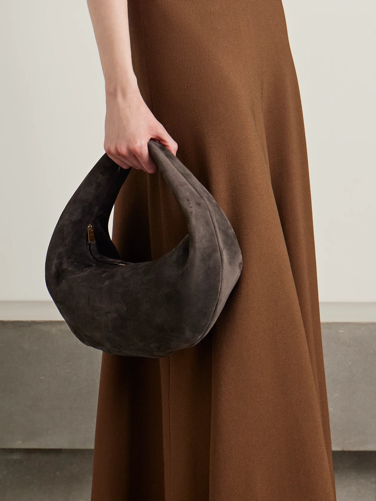 Image of Bags. Product name - Olivia Medium Suede Tote in Dark brown colour by brand - KHAITE
