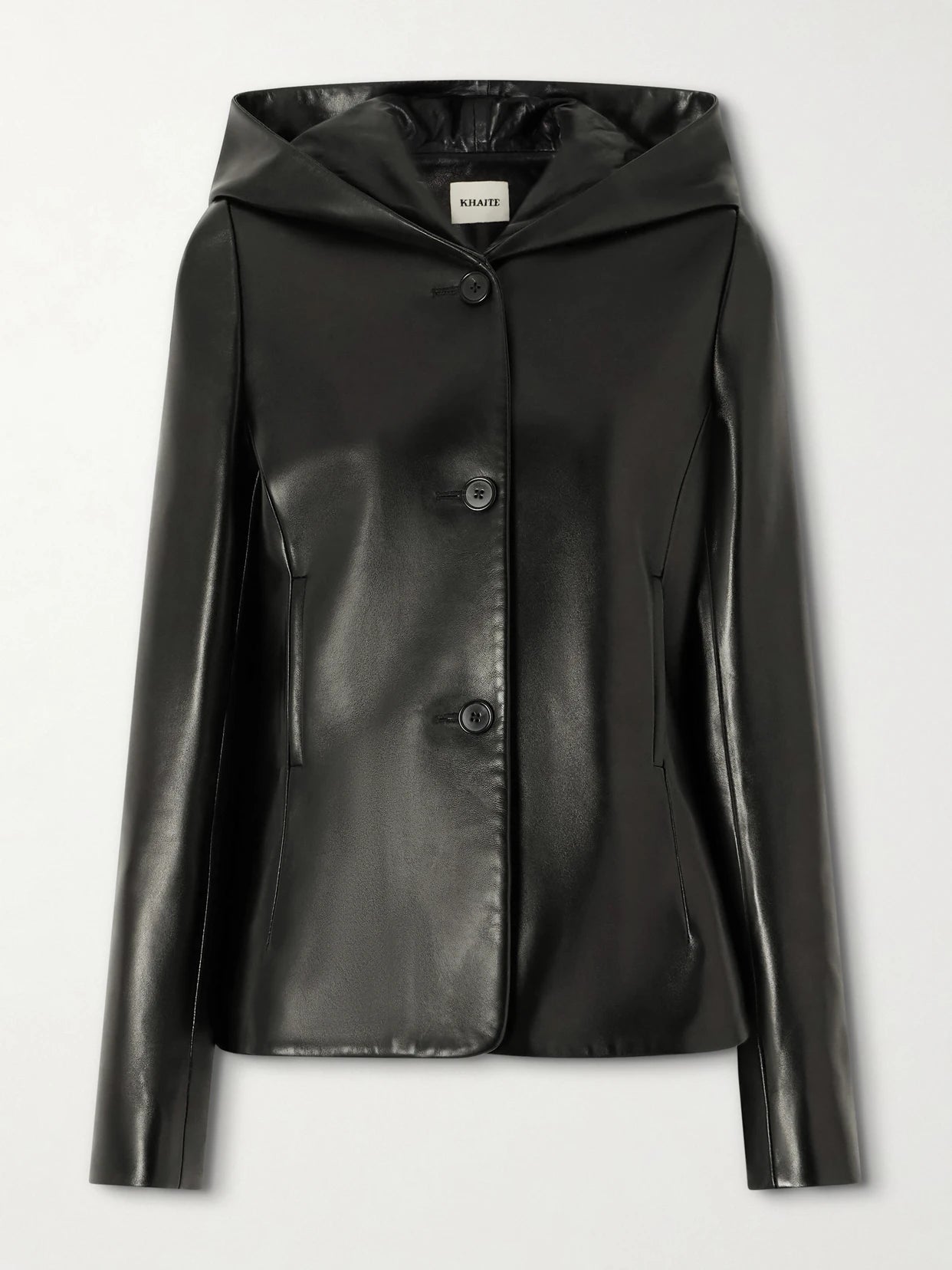 Image of Coats & Jackets. Product name - June Hooded Peplum Leather Jacket in Black colour by brand - KHAITE
