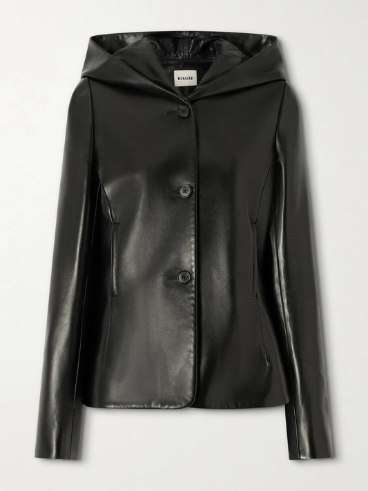 Image of Coats & Jackets. Product name - June Hooded Peplum Leather Jacket in Black colour by brand - KHAITE
