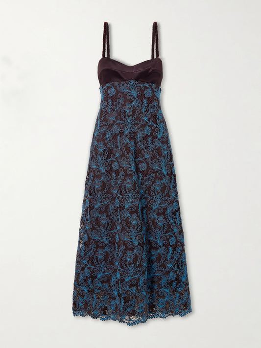 Image of Dresses. Product name - Francine Bead-embellished Satin-trimmed Guipure Lace Midi Dress in Chocolate colour by brand - ALÉMAIS