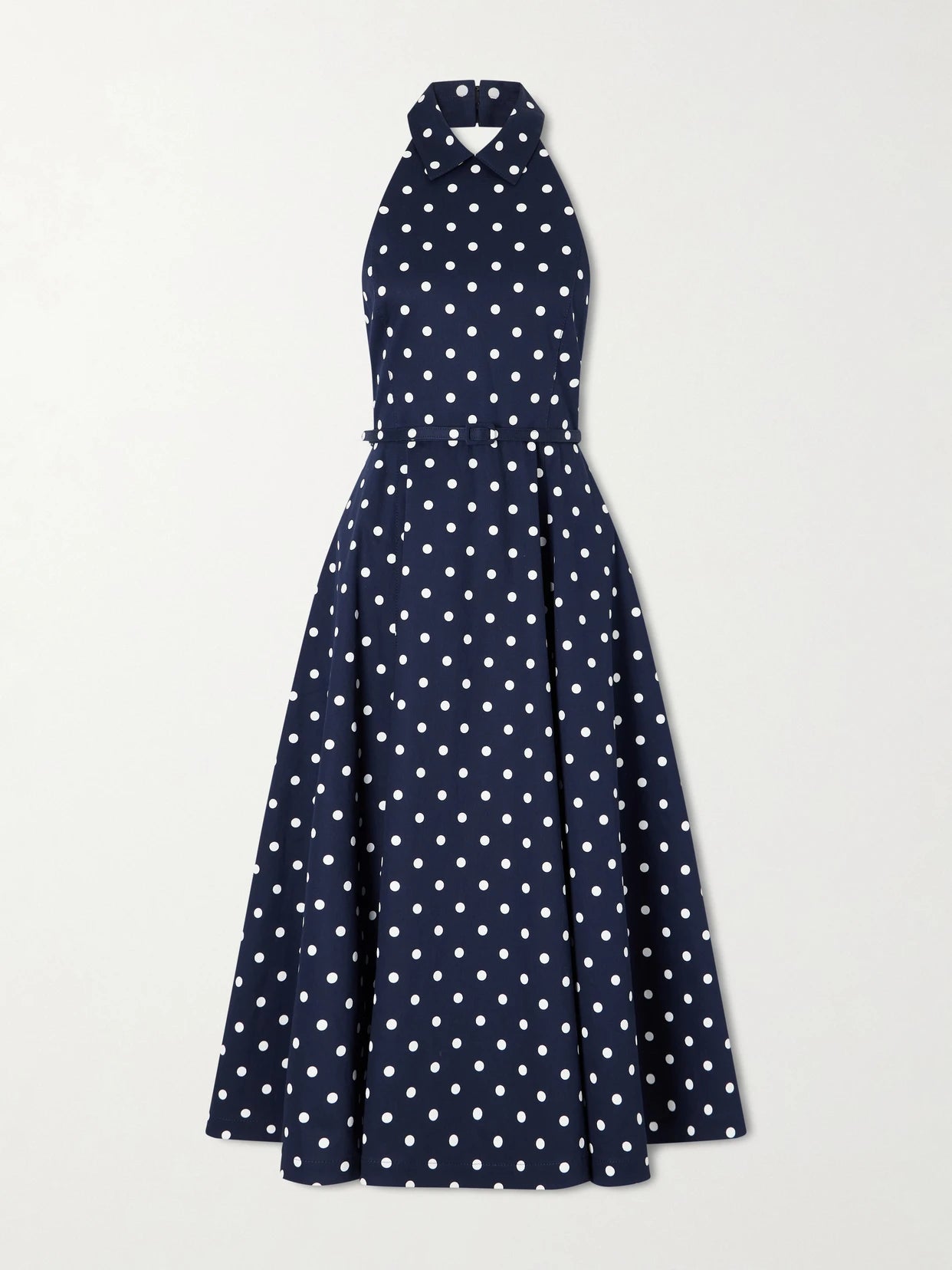 Belted Halter-neck Polka-dot Cotton-blend Twill Midi Dress