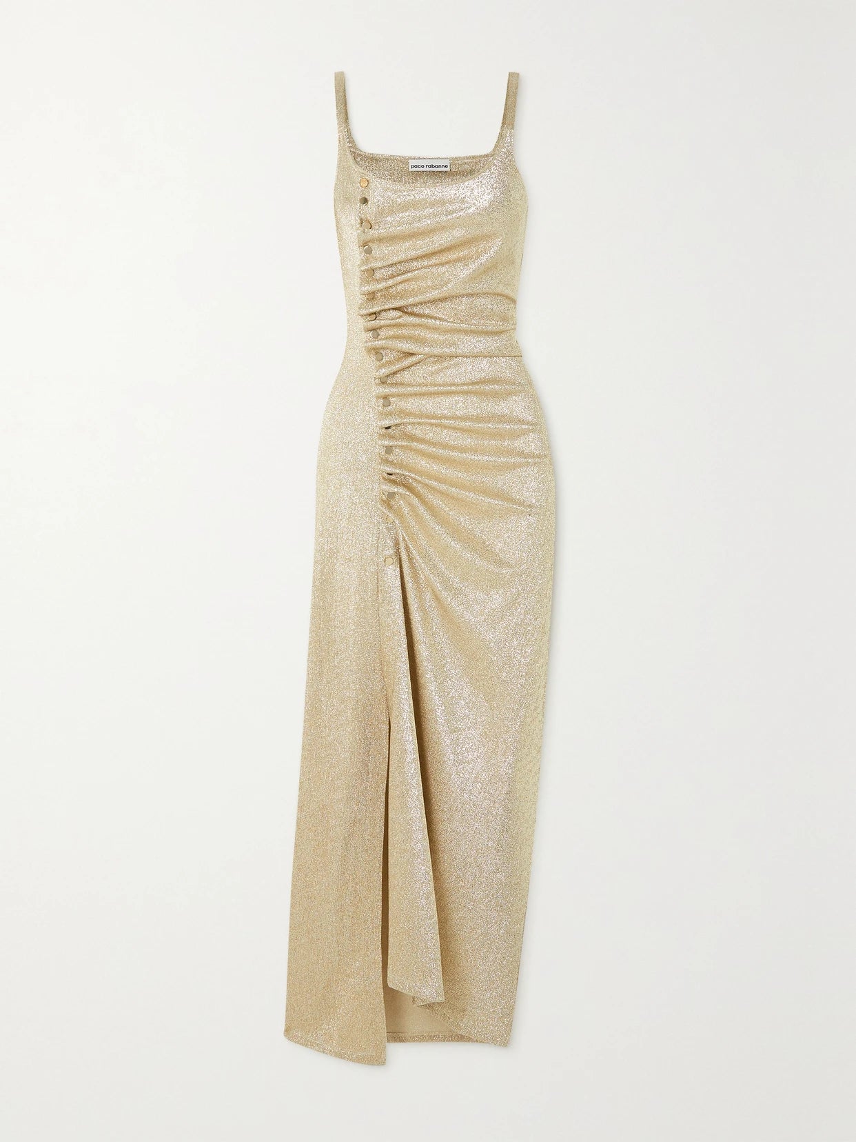 Image of Dresses. Product name - Embellished Glittered Stretch-crepe Maxi Dress in Gold colour by brand - RABANNE