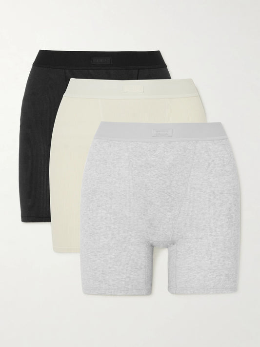 Image of Sleepwear & Loungewear. Product name - Cotton Rib Boxer 3-pack - Bone, Light Heather Grey, Soot in Multi colour by brand - SKIMS