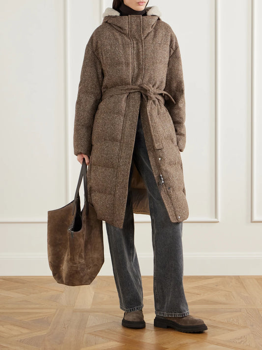 Image of Coats & Jackets. Product name - Hooded Belted Padded Quilted Shearling-trimmed Wool-blend Down Jacket in Brown colour by brand - Brunello Cucinelli