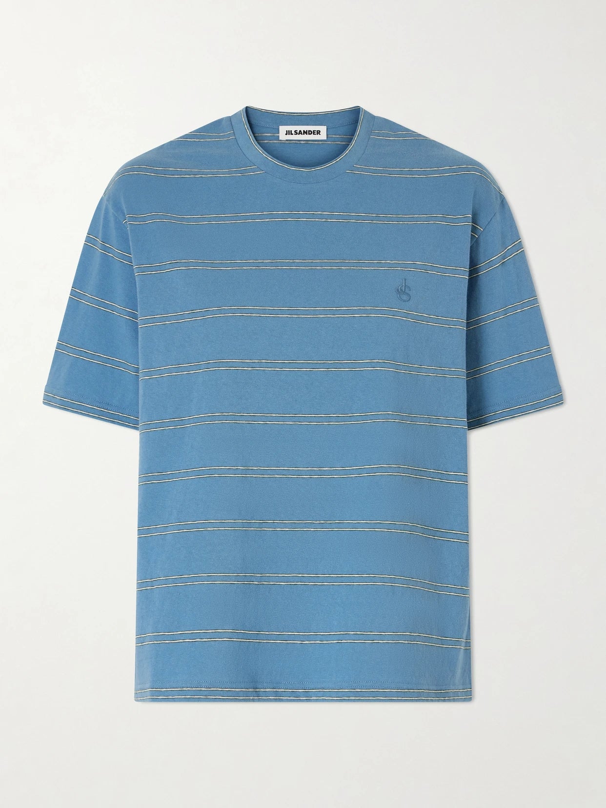 Image of a model wearing Tops. Product name - Logo-embossed Striped Cotton T-shirt in Blue colour by brand - Jil Sander