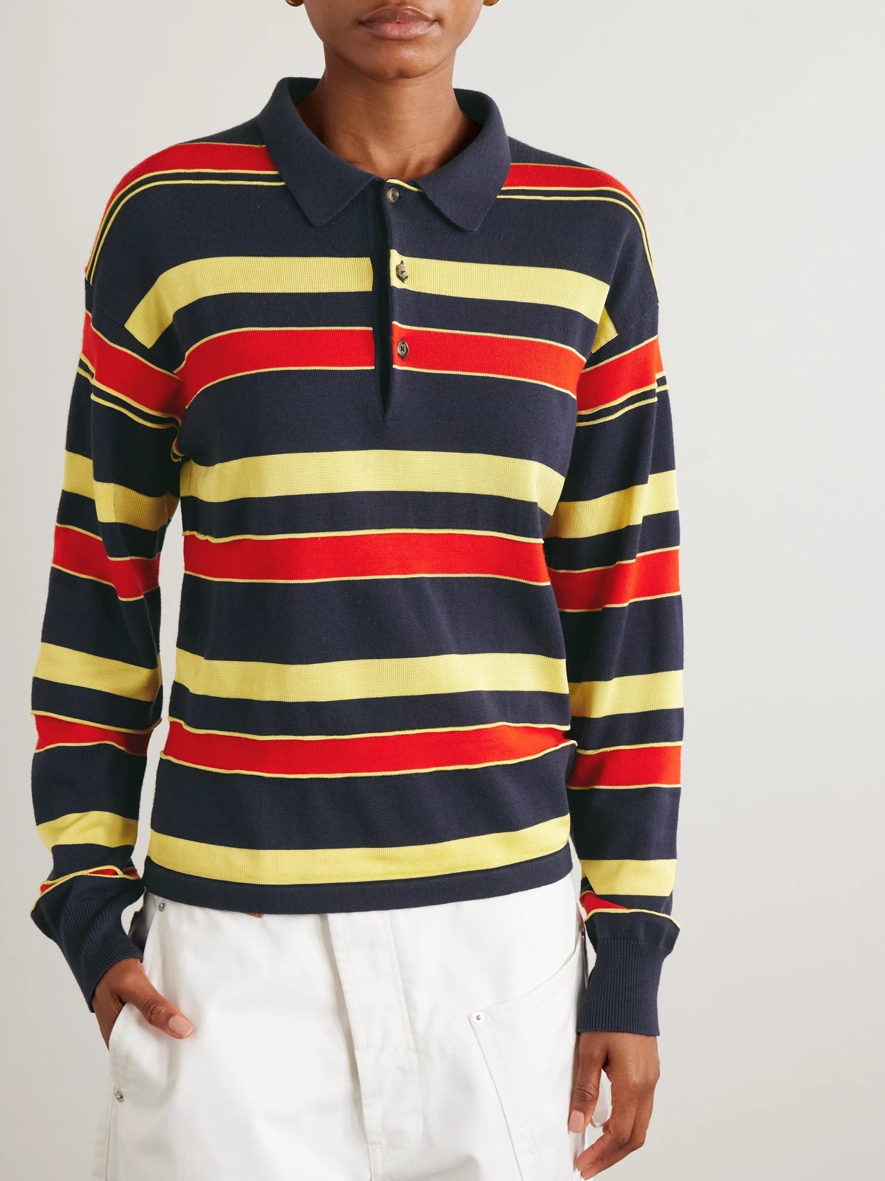 Embroidered Striped Cotton And Wool-blend Polo Shirt