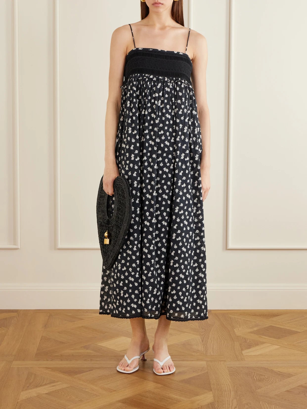 Image of Dresses. Product name - Danielle Floral-print Lace-trimmed Cotton Maxi Dress in Black colour by brand - Posse