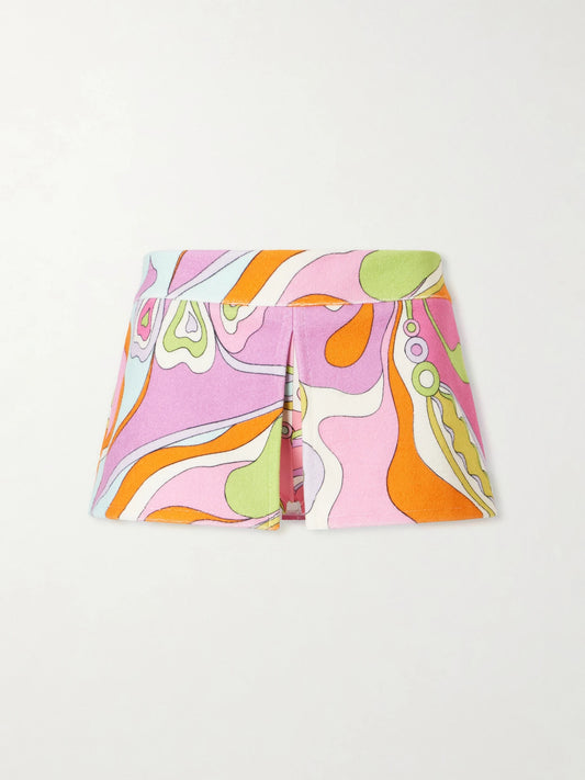 Image of a model wearing Shorts. Product name - Printed Cotton-terry Shorts in Pink colour by brand - PUCCI