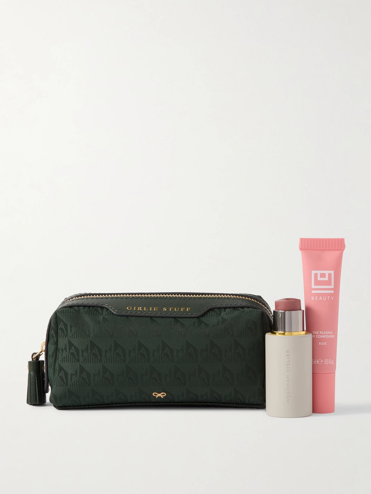 Image of Health & Beauty. Product name - Girlie Stuff Textured Leather-trimmed Econyl-jacquard Cosmetics Case in Dark green colour by brand - Anya Hindmarch