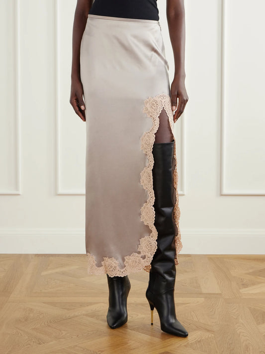 Valentino Garavani Lace-trimmed Silk-satin Midi Skirt