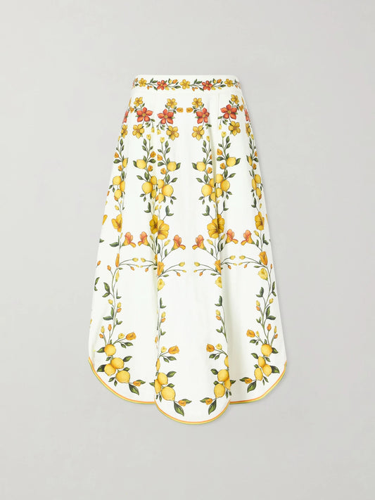Image of a model wearing Skirts. Product name - Lemon Bouquet Printed Linen-blend Midi Skirt in Off-white colour by brand - Farm Rio