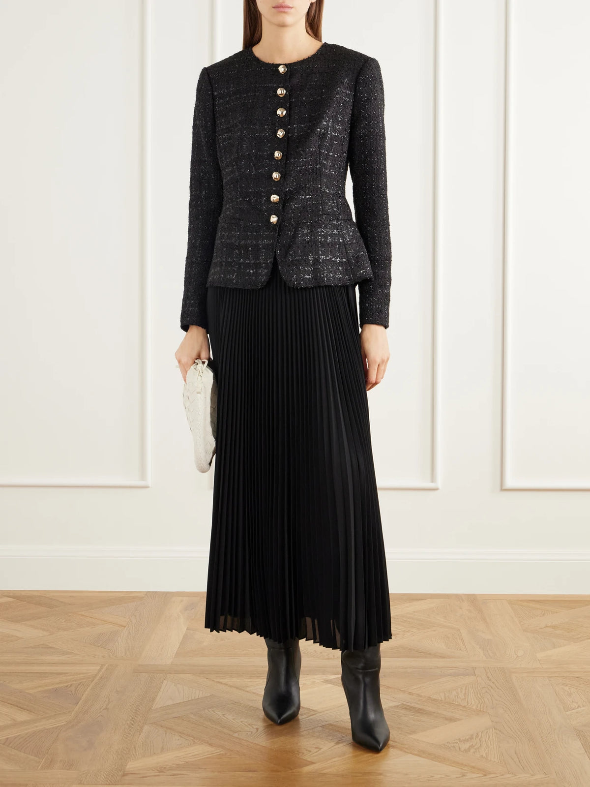 Image of Dresses. Product name - Claudina Layered Pleated Tweed And Organza Maxi Dress in Black colour by brand - SIMKHAI
