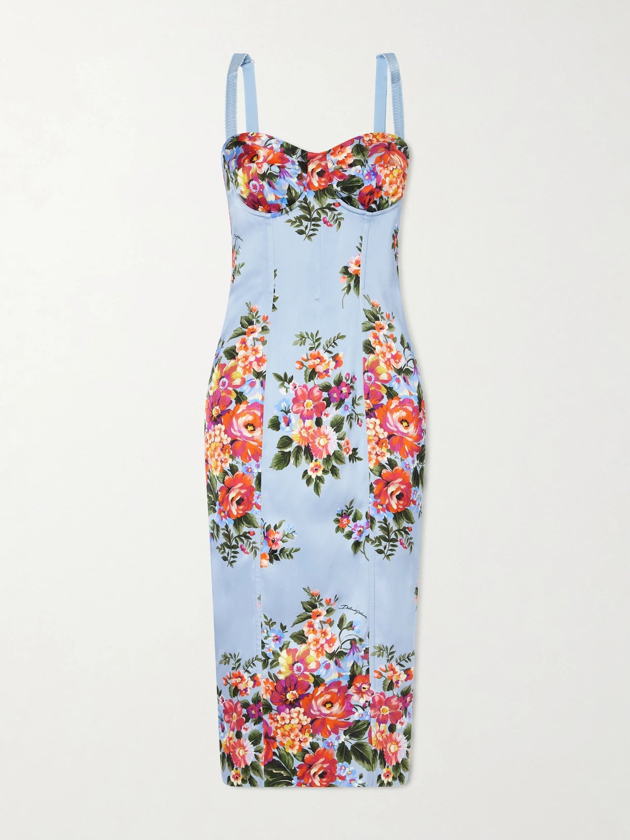 Image of Dresses. Product name - Floral-print Satin Bustier Midi Dress in Light blue colour by brand - Dolce & Gabbana