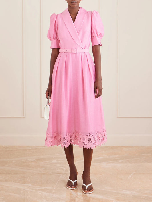 Image of Dresses. Product name - Petalite Belted Broderie Anglaise-trimmed Poplin Midi Dress in Pink colour by brand - Rebecca Vallance