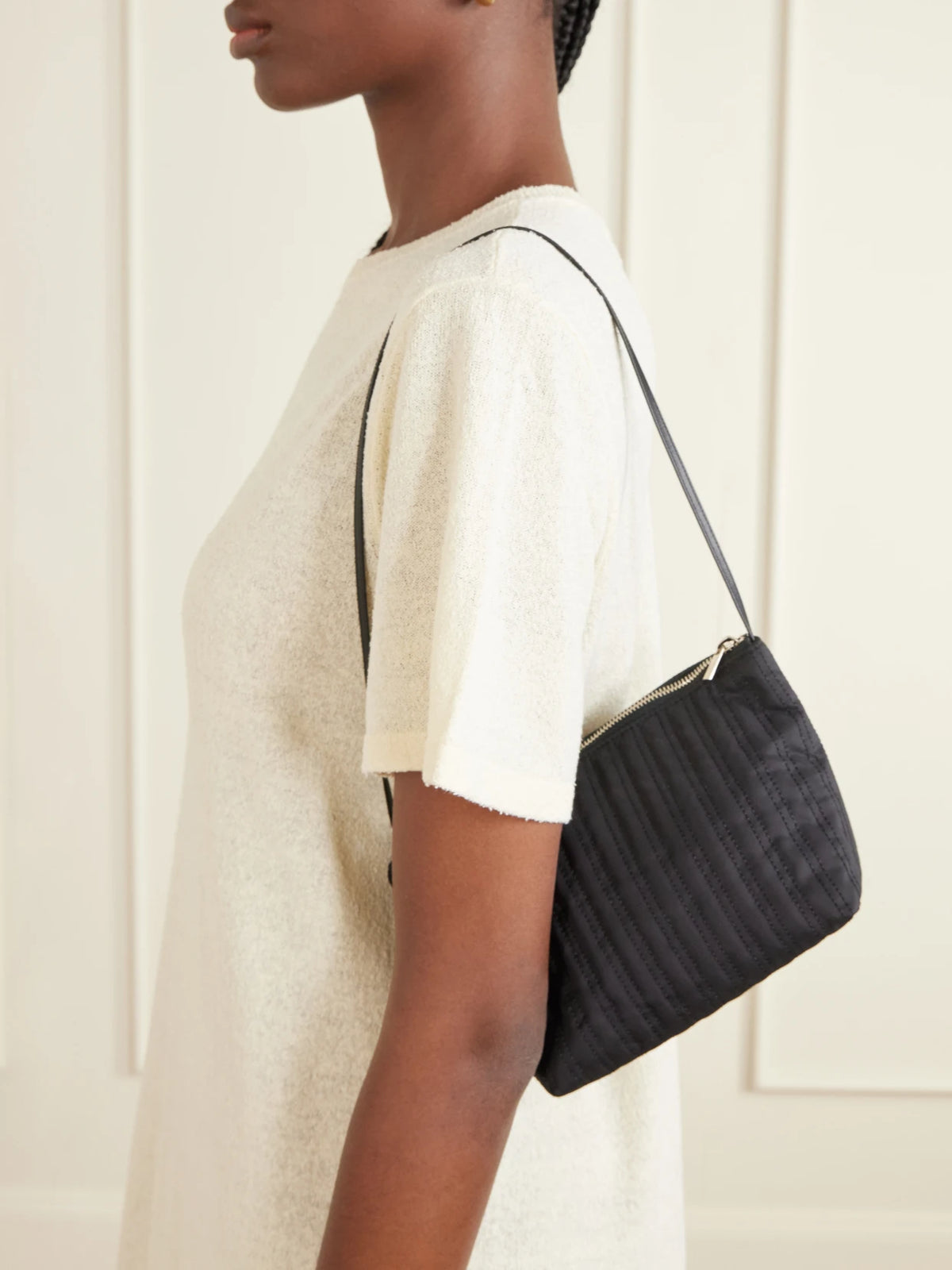 Image of Bags. Product name - Corset Leather-trimmed Quilted Satin-shell Shoulder Bag in Black colour by brand - Valesque