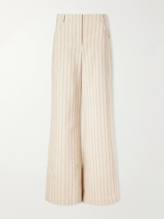 Image of a model wearing Pants. Product name - Demie Striped Linen And Cotton-blend Wide-leg Pants in Ecru colour by brand - TWP