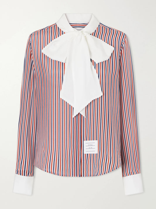 Thom Browne Bow-detailed Striped Silk Crepe De Chine Shirt