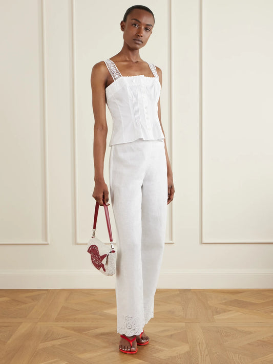 Image of a model wearing Tops. Product name - + Da Adolfo Matilde Cotton-blend Tank in White colour by brand - STAUD