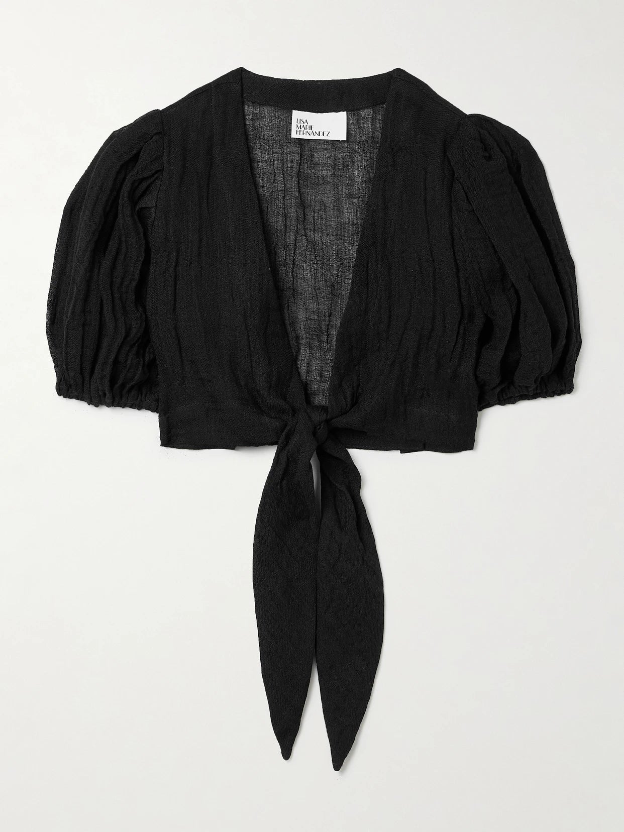 Image of Neckties. Product name - Cropped Tie-front Linen-blend Gauze Top in Black colour by brand - Lisa Marie Fernandez