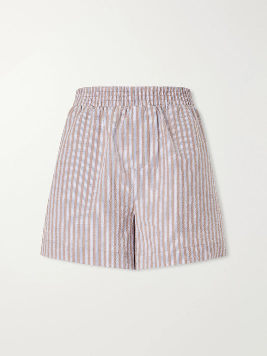 Image of a model wearing Shorts. Product name - Darina Striped Seersucker Cotton-blend Shorts in Blue colour by brand - Varley