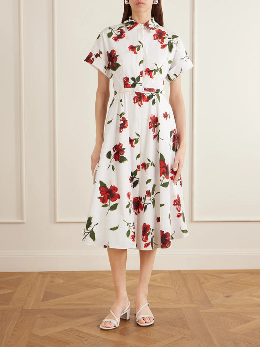 Image of Dresses. Product name - Floral-print Cotton-poplin Midi Dress in White colour by brand - Oscar de la Renta