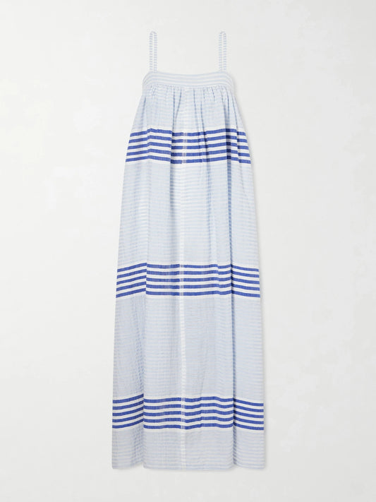 Image of Dresses. Product name - Eda Striped Cotton-gauze Midi Dress in Blue colour by brand - lemlem