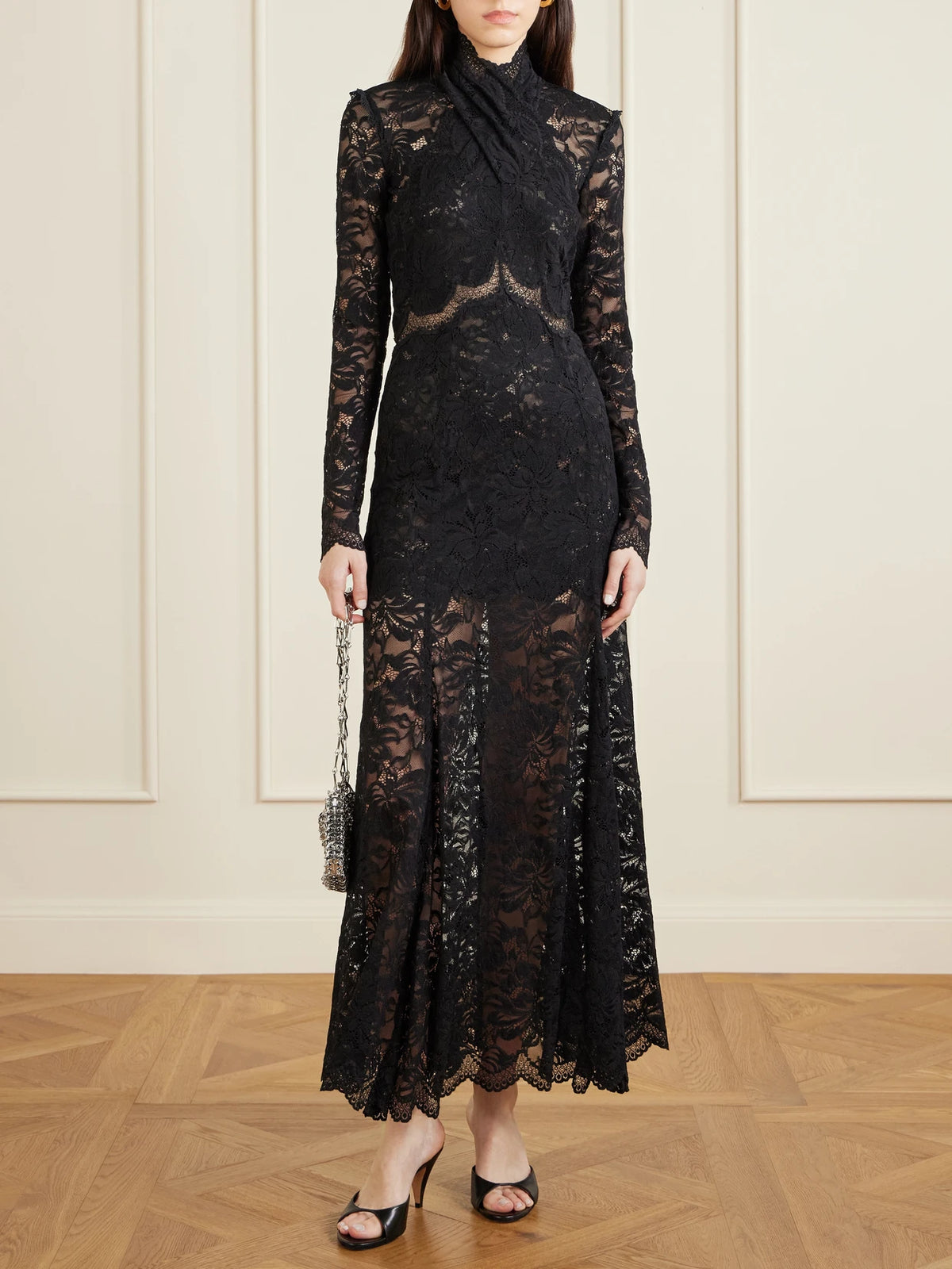 Image of Dresses. Product name - Layered Lace Maxi Dress in Black colour by brand - RABANNE