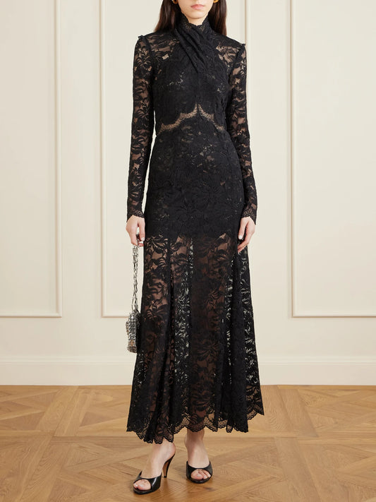 Image of Dresses. Product name - Layered Lace Maxi Dress in Black colour by brand - RABANNE