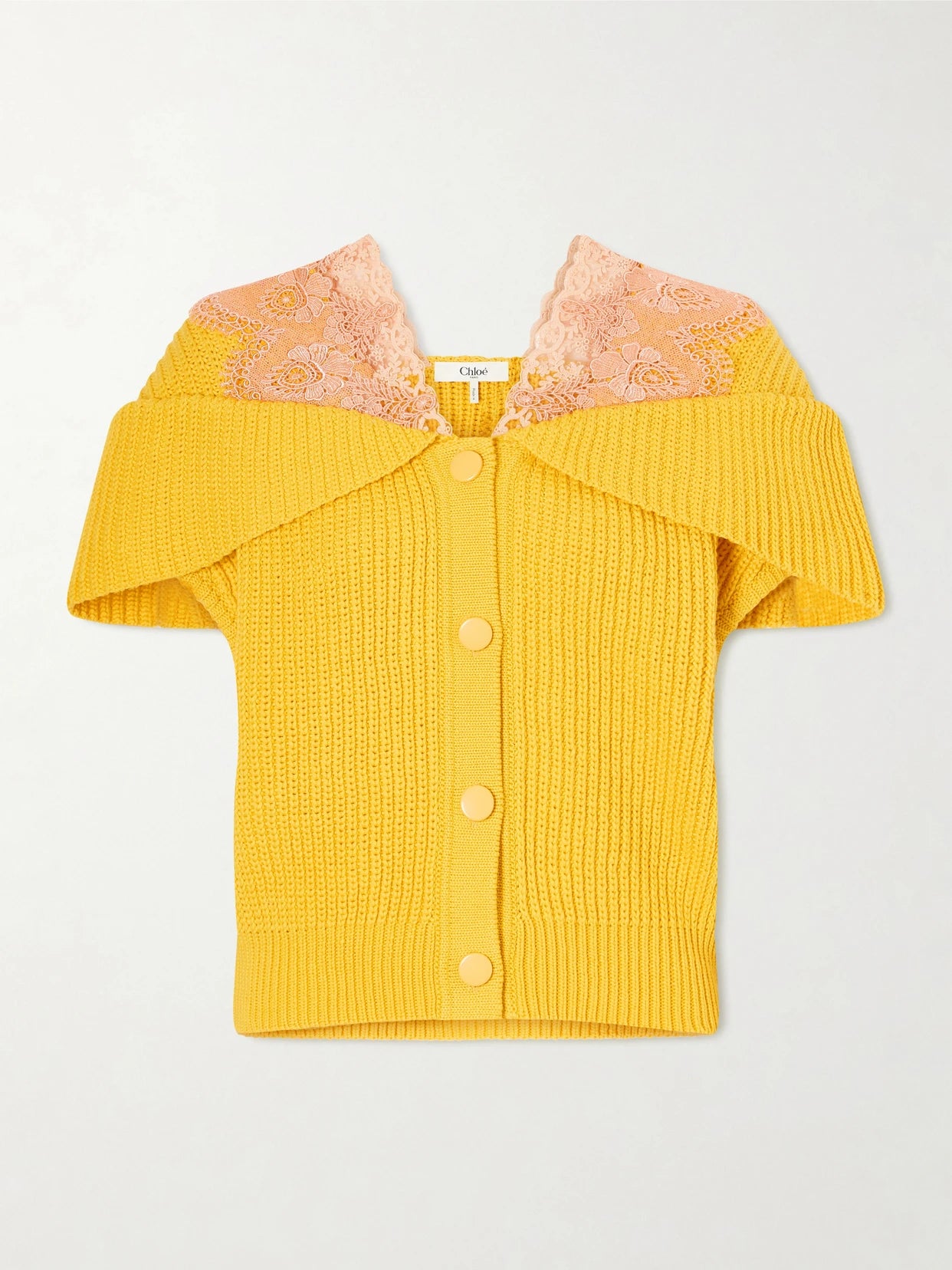 Image of a model wearing Outerwear. Product name - Lace-trimmed Ribbed-knit Cotton Cardigan in Yellow colour by brand - Chloé