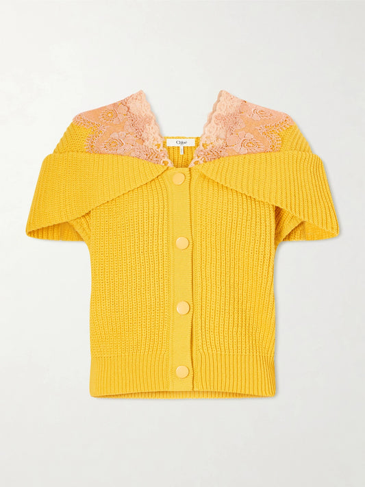 Image of a model wearing Outerwear. Product name - Lace-trimmed Ribbed-knit Cotton Cardigan in Yellow colour by brand - Chloé