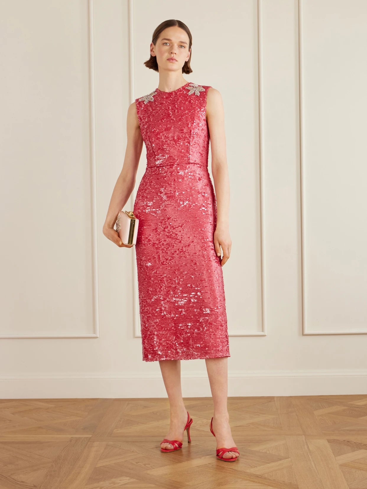 Image of Dresses. Product name - Crystal-embellished Sequined Satin Midi Dress in Pink colour by brand - Erdem