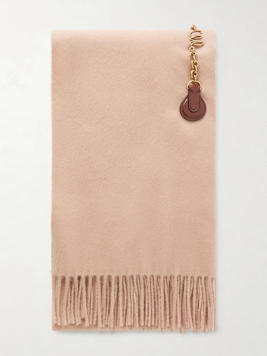 Fringed Embellished Leather-trimmed Wool Scarf